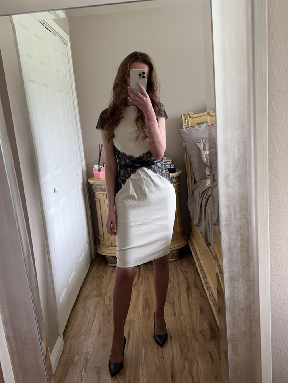 London Dress Company Ivory Sheath Dress with Black Lace Trim